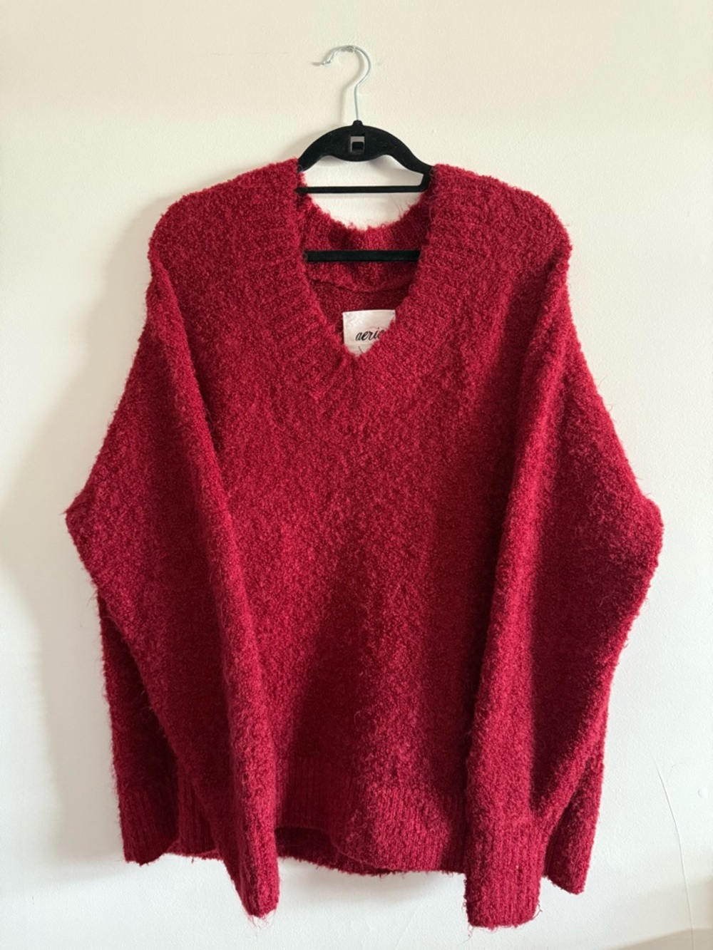 Aerie Red Bouclé V-Neck Sweater